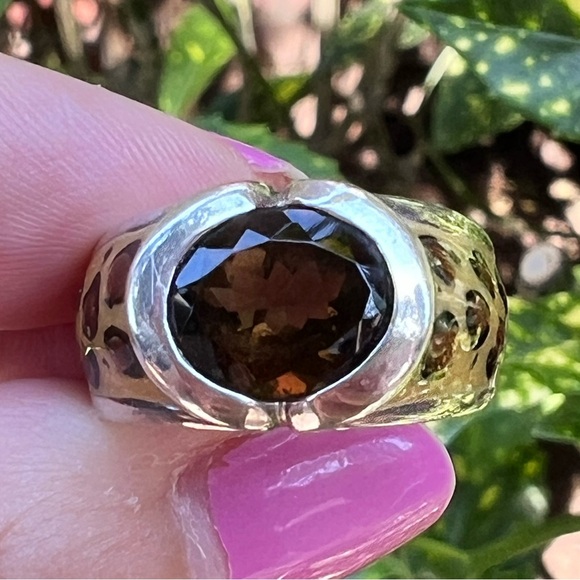 VINTAGE ARTISAN DESIGNER SMOKY QUARTZ LEOPARD ENAMEL RING 925 SS MADE IN CANADA